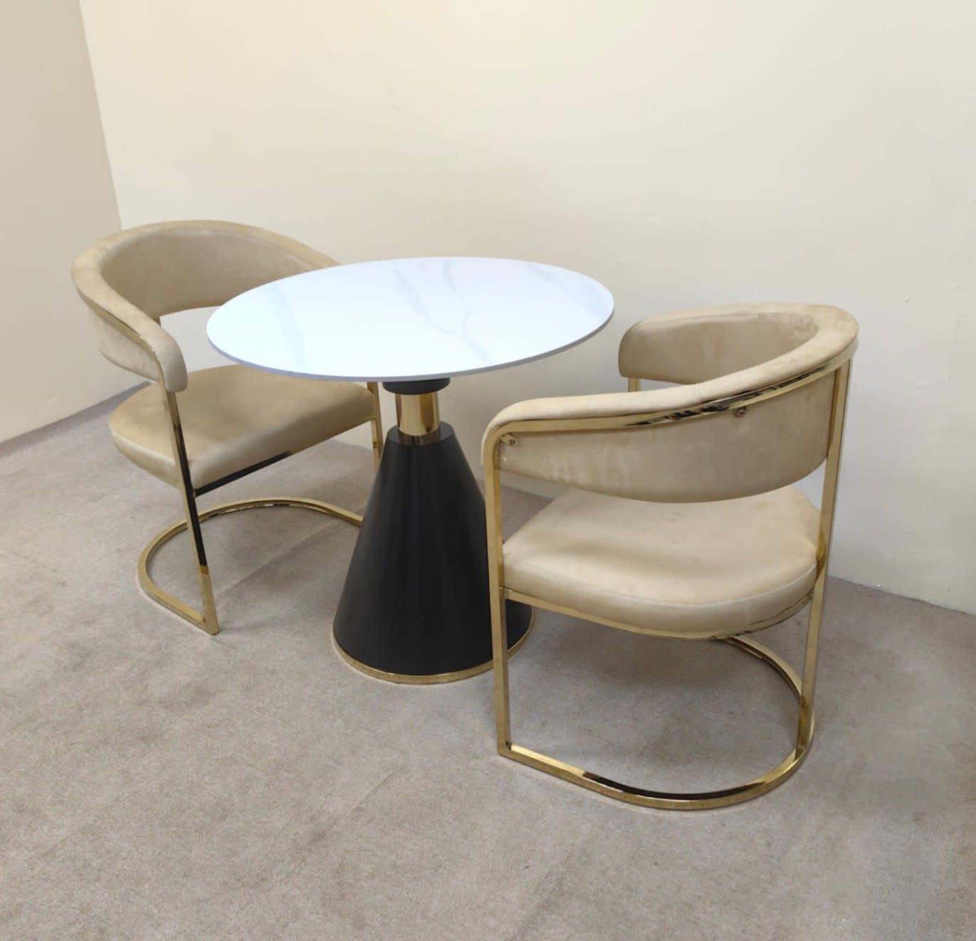Round Marble-Top Dining Set with 2 Velvet Chairs