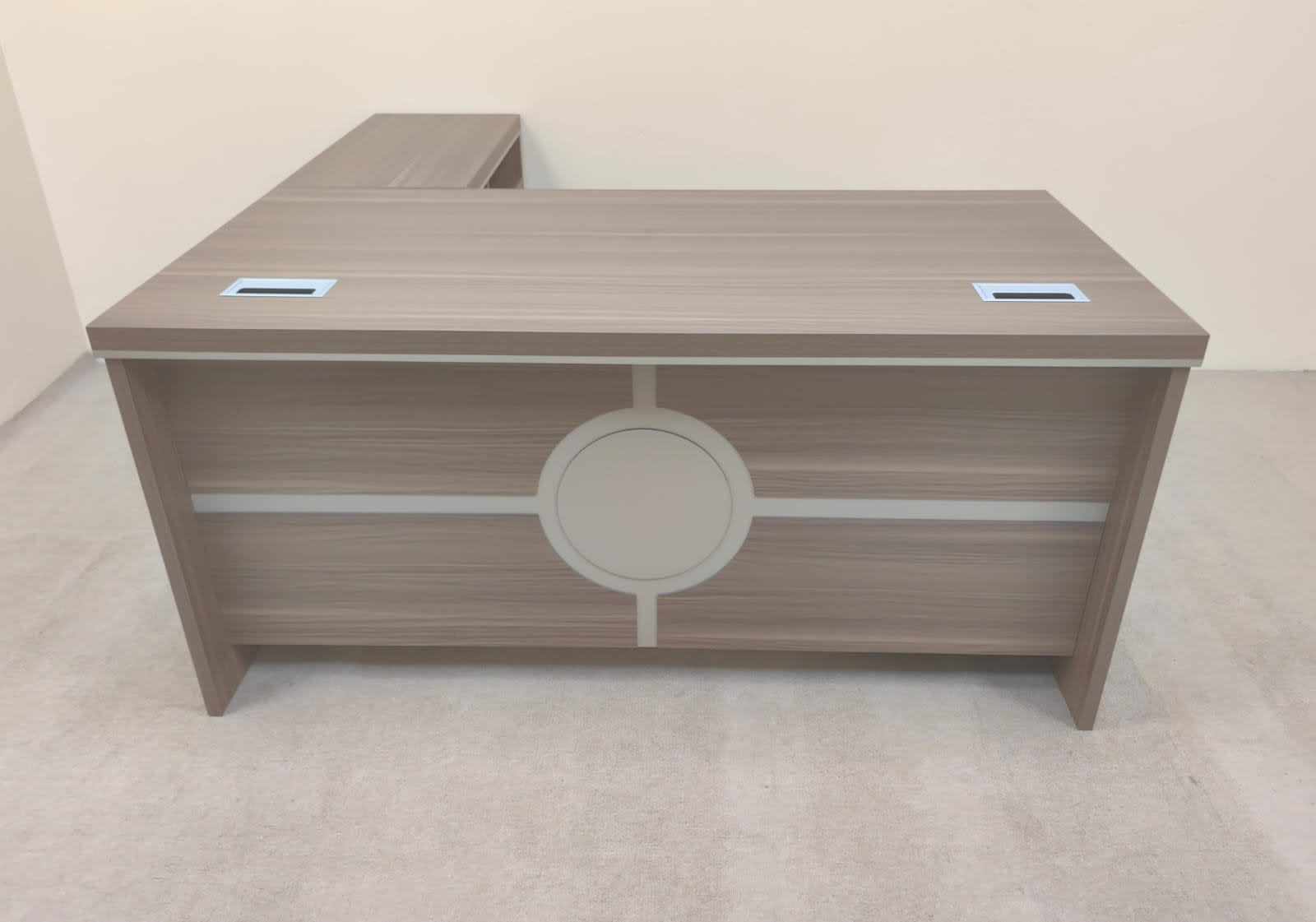 Bufaisal barcode label for new L-shape executive desk walnut at Shop C Ajman