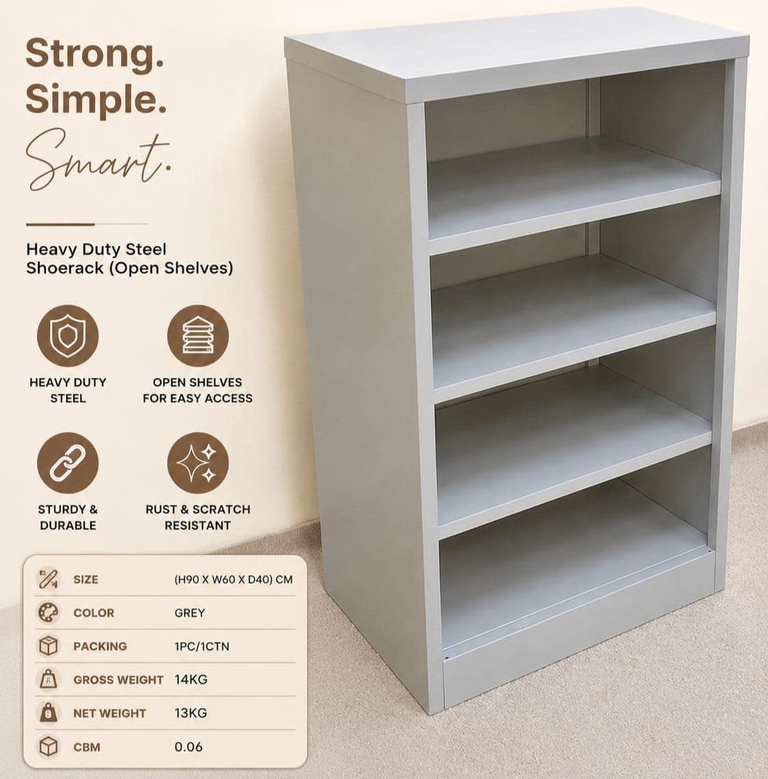 Heavy Duty Steel Shoe Rack Open Shelves Grey