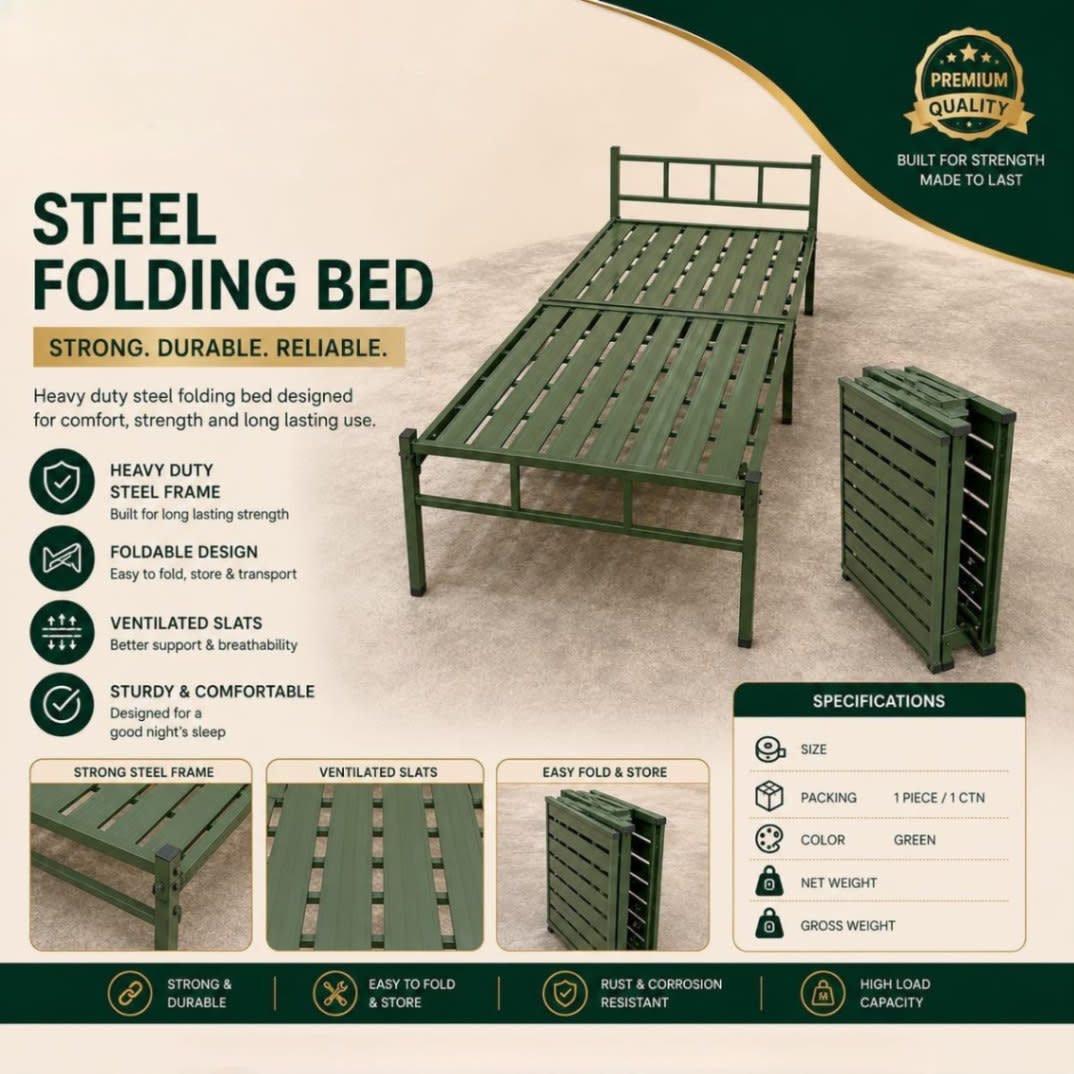 Bufaisal barcode label for new single steel folding bed at Shop C Ajman