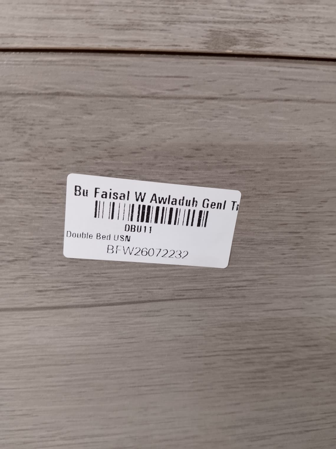 Bufaisal barcode label BFW26072232 for used double bed frame with storage headboard