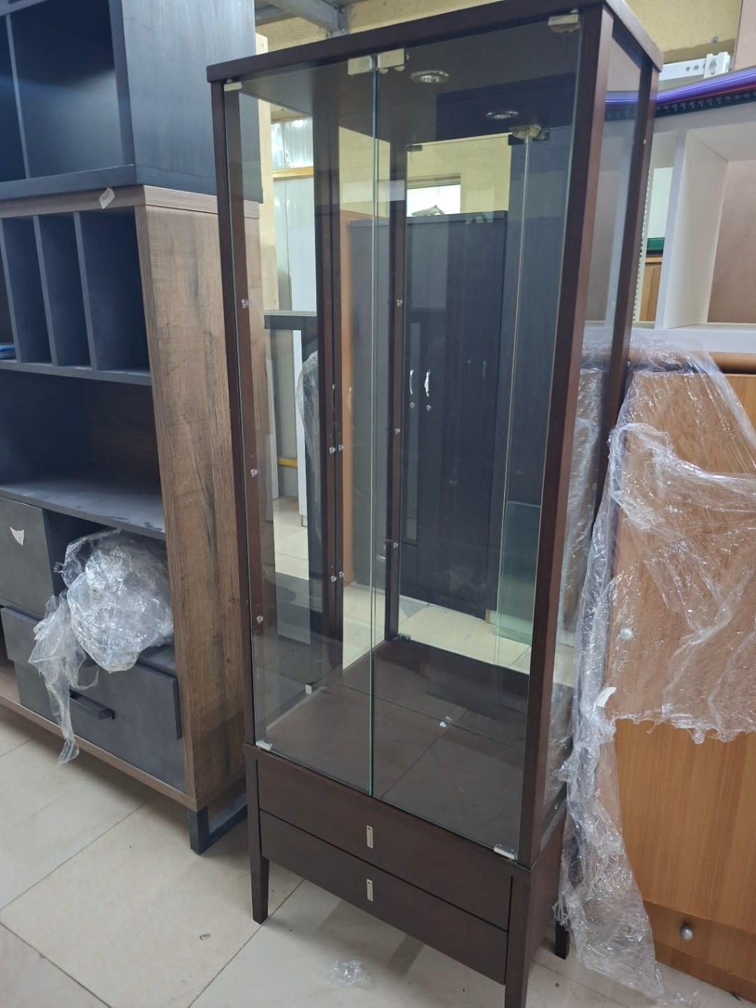 Glass Display Cabinet with Drawers