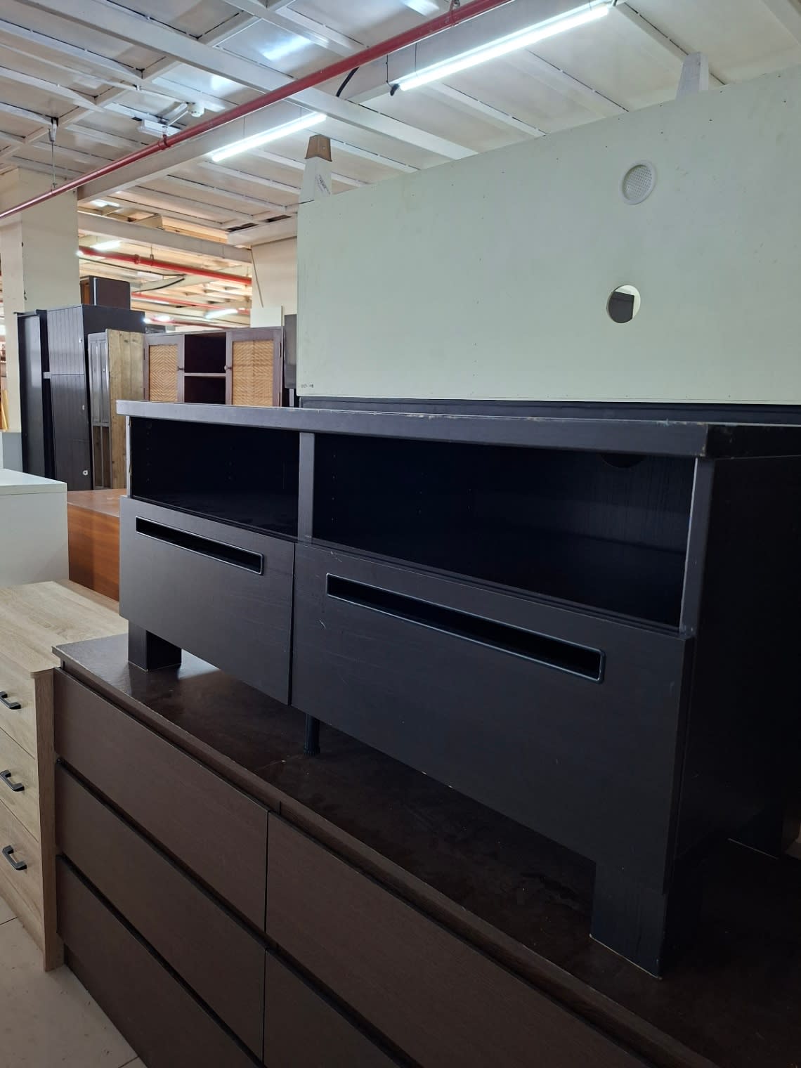 Wide angle view of used dark espresso TV stand with 2 drawers at Bufaisal Ajman