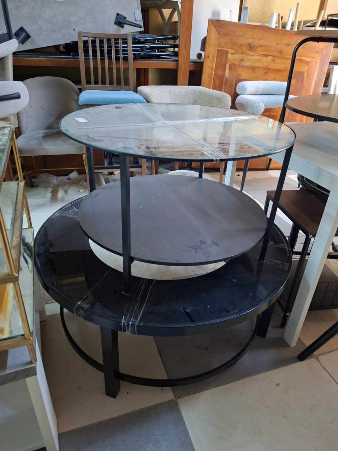 Round Glass-Top Coffee Table with Lower Shelf