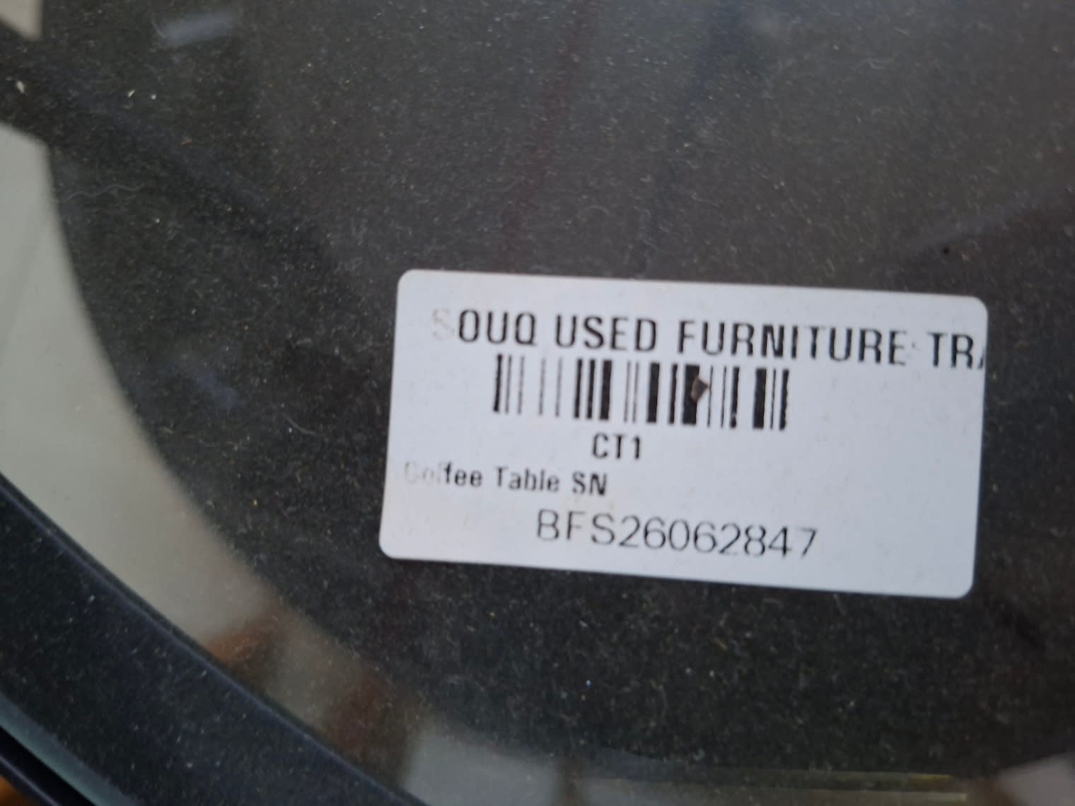 Bufaisal barcode label BFS26062847 for used round glass-top coffee table