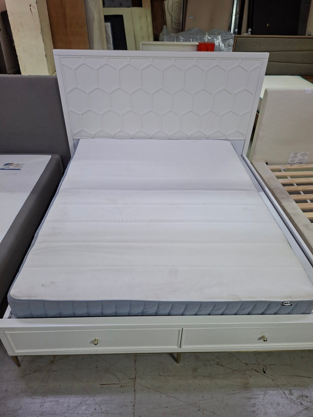 Queen Bed Frame with Storage Drawers and Honeycomb Headboard