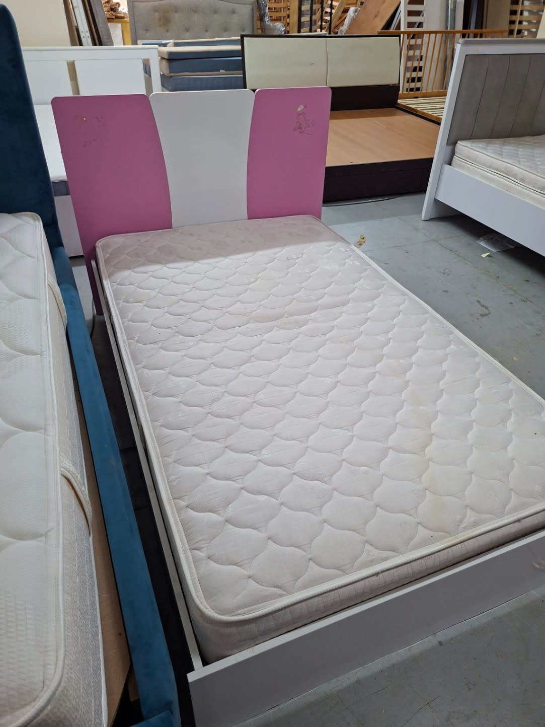 Full view of used kids single bed with mattress good condition at Shop C Ajman