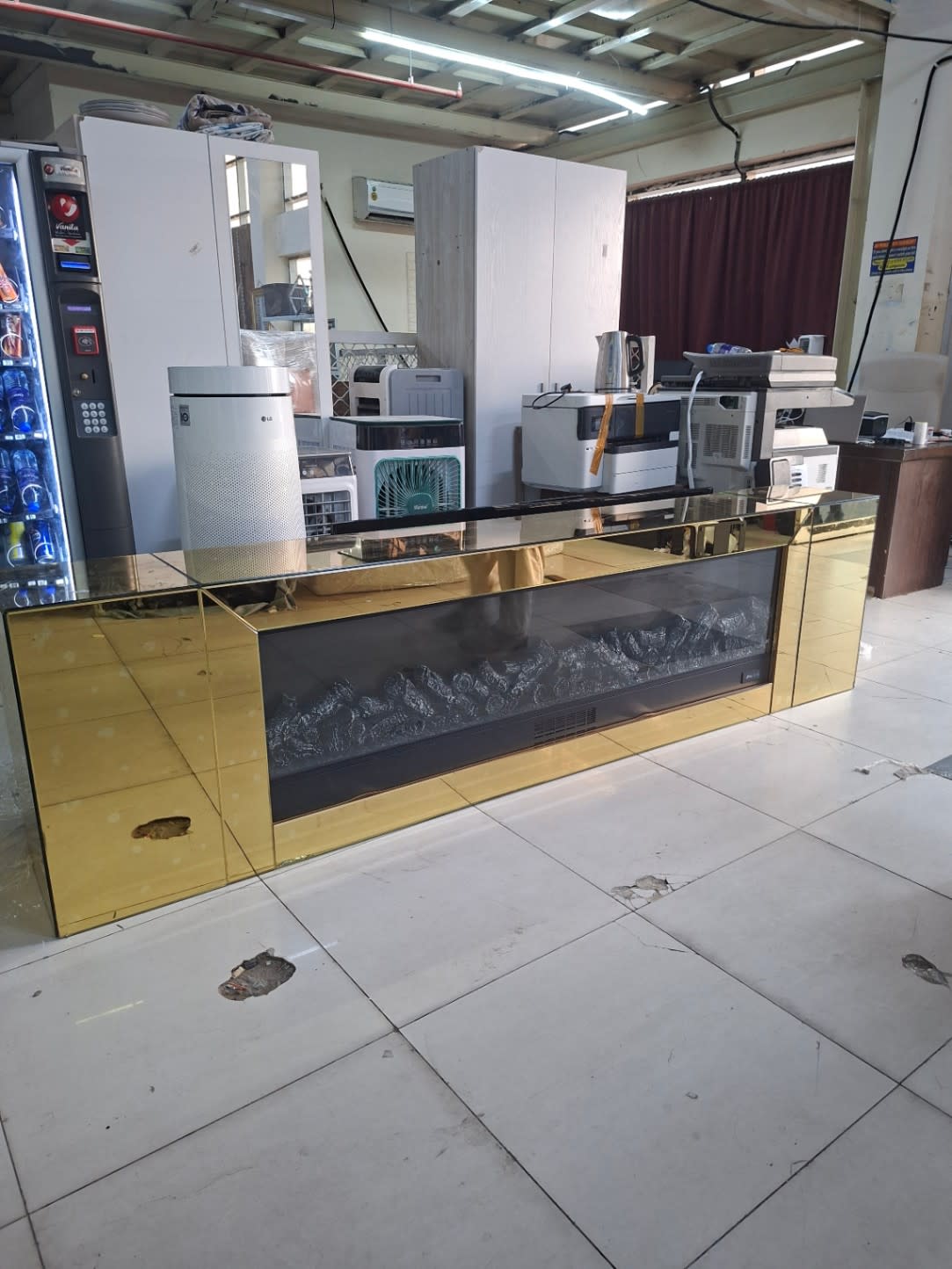 Electric Fireplace TV Stand with Gold Mirror Surround