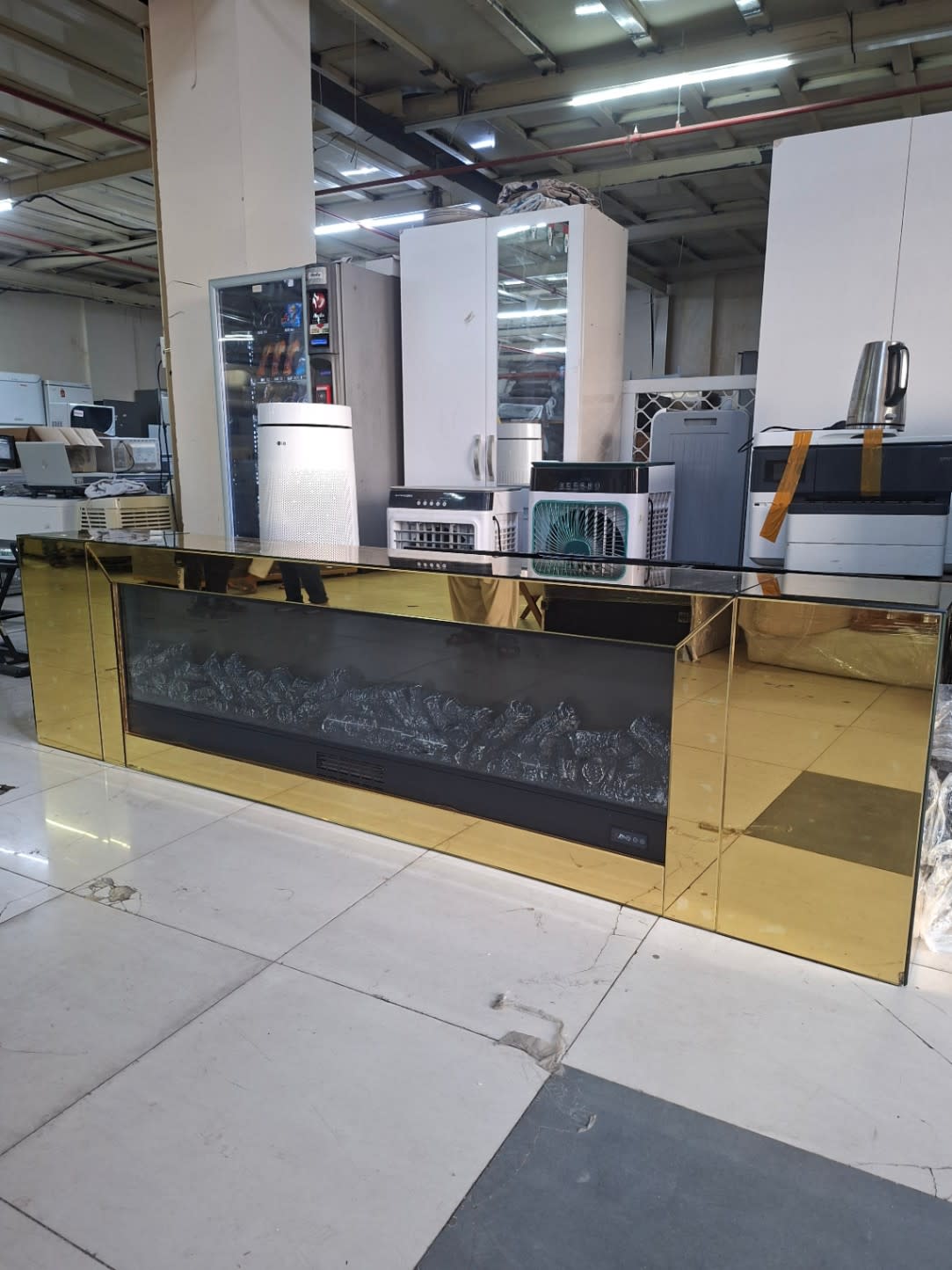 Electric Fireplace TV Stand with Gold Mirror Surround 2