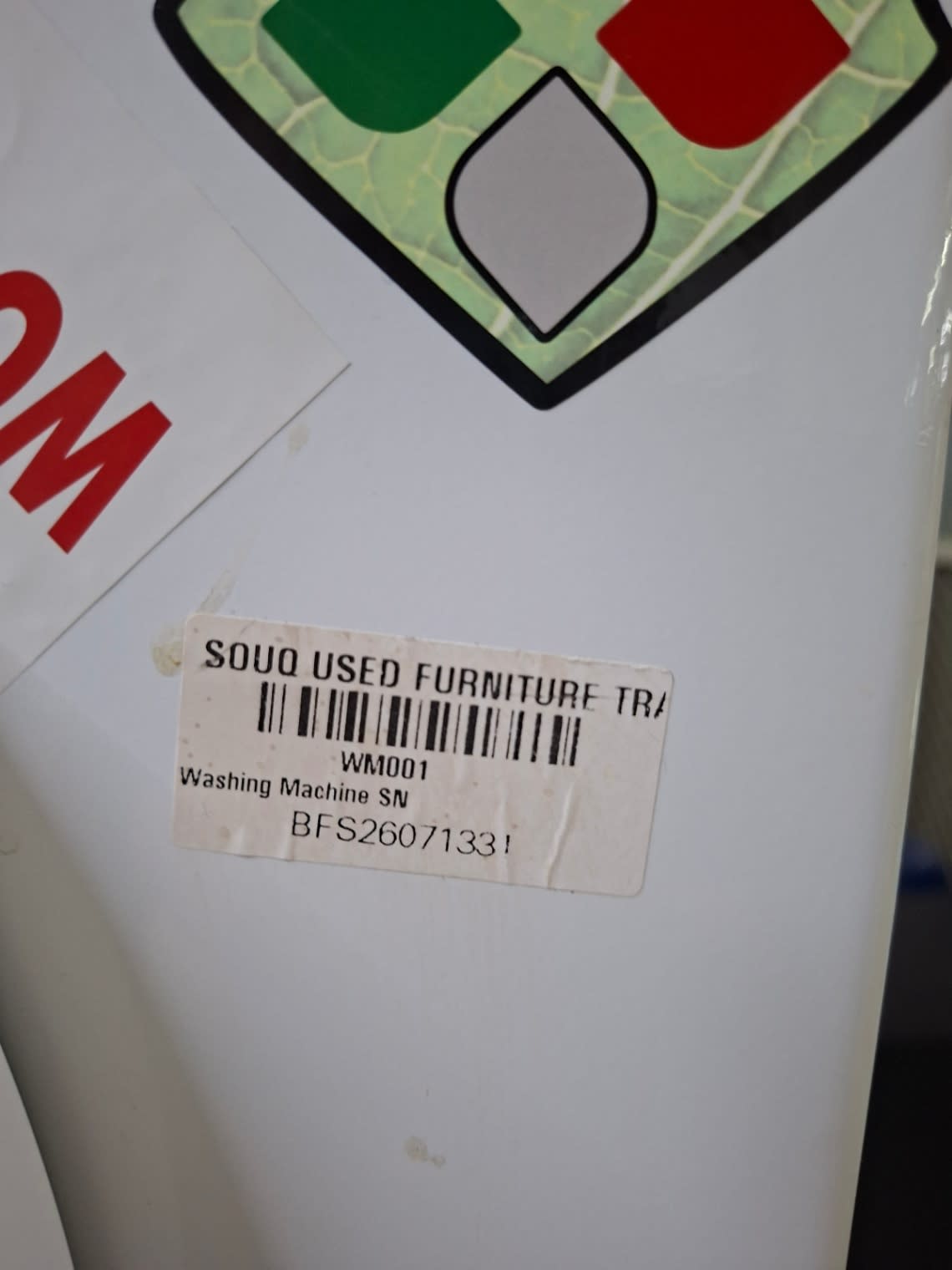 Bufaisal barcode label BFS26071331 for used Bompani BI2876 front-load washing machine