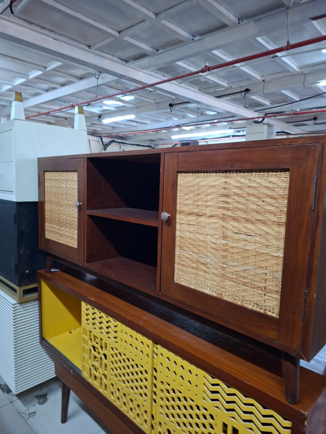 TV Stand with Rattan Door Panels