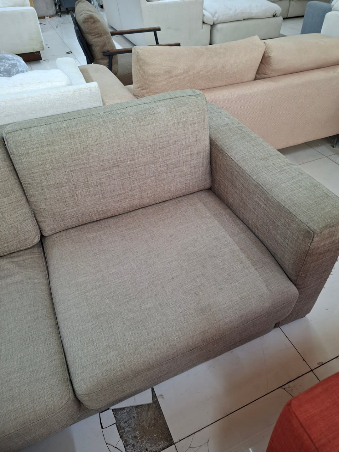 Fourth photo shows a different item — grey-beige armchair not matching the sectional sofa listing