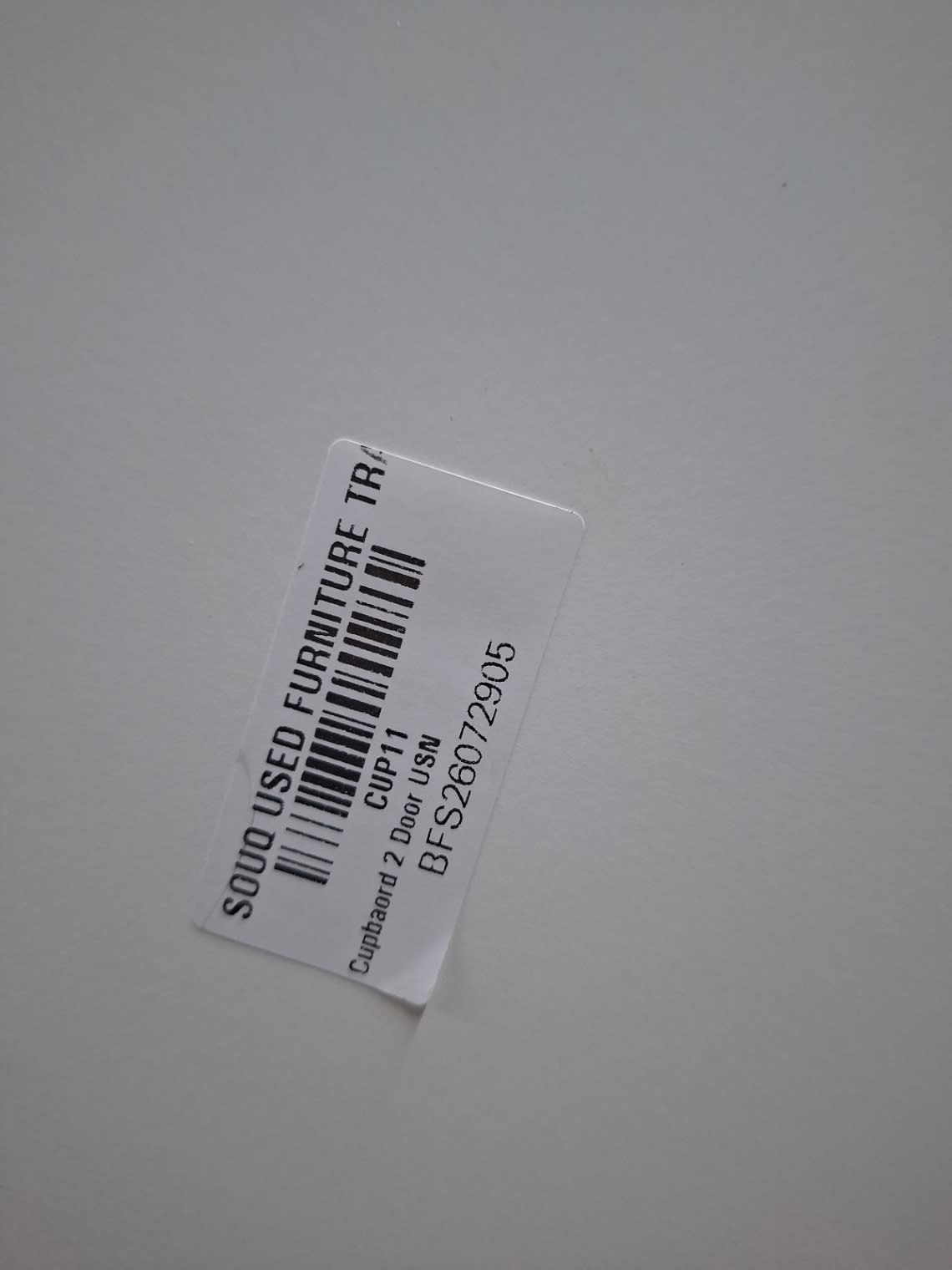 Bufaisal barcode label BFS26072905 for used 2-door white wardrobe
