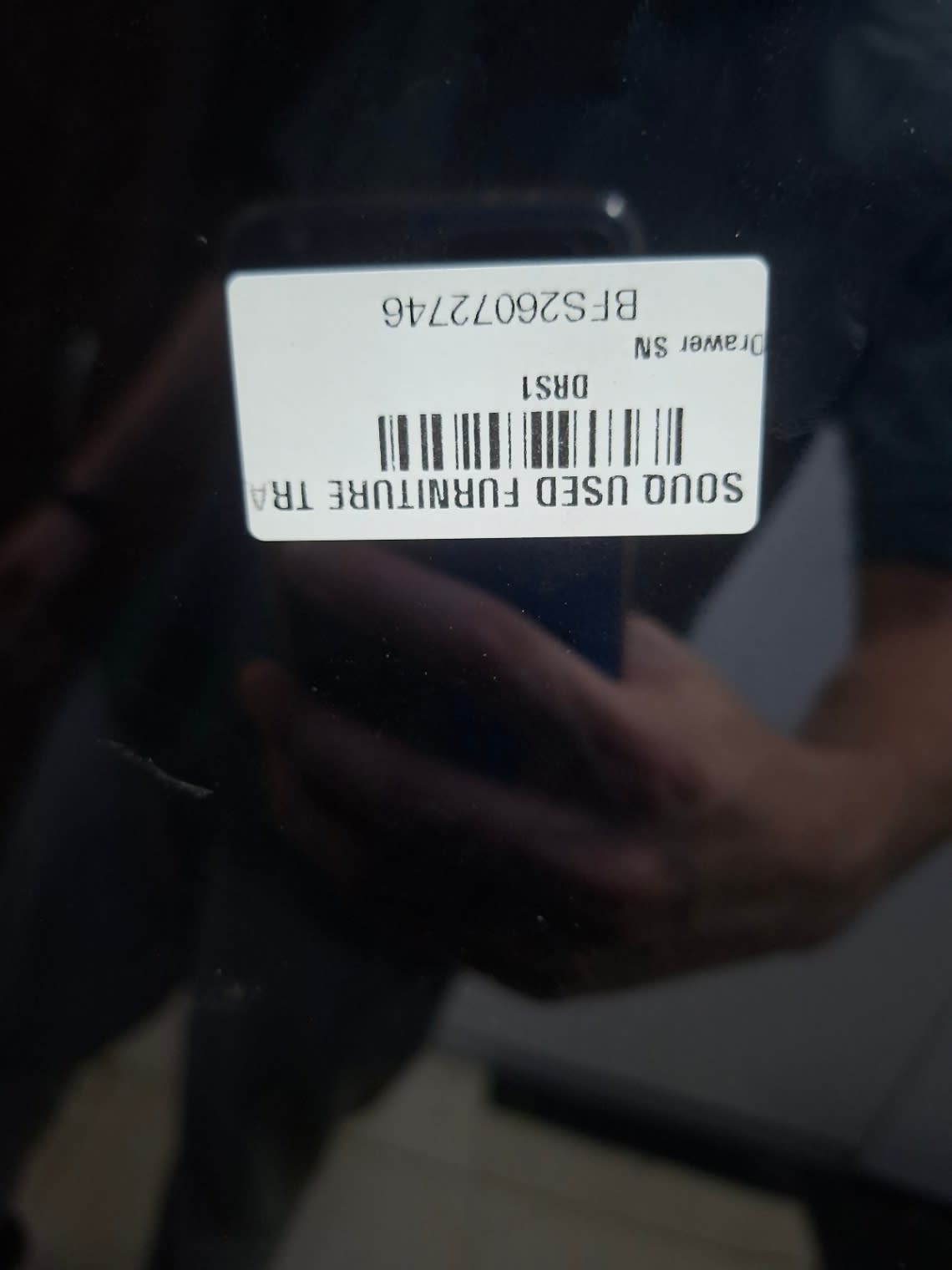 Bufaisal barcode label BFS26072746 for used black gloss storage cabinet with drawers