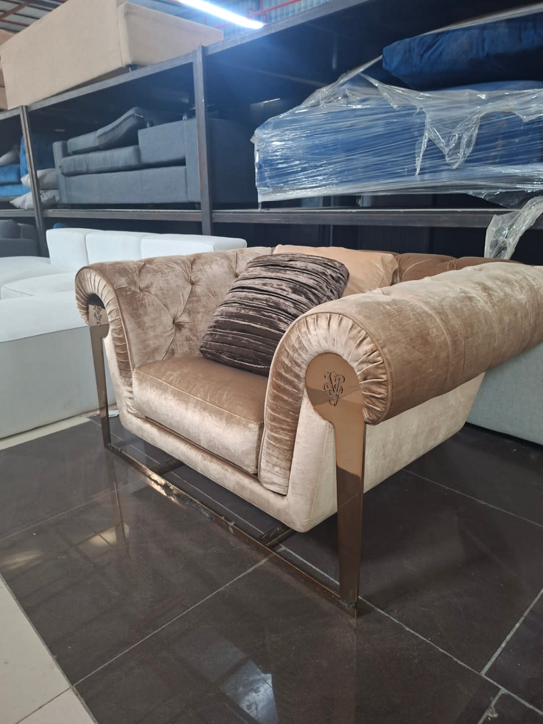 Bufaisal barcode label for used Chesterfield accent chair at Shop D Ajman