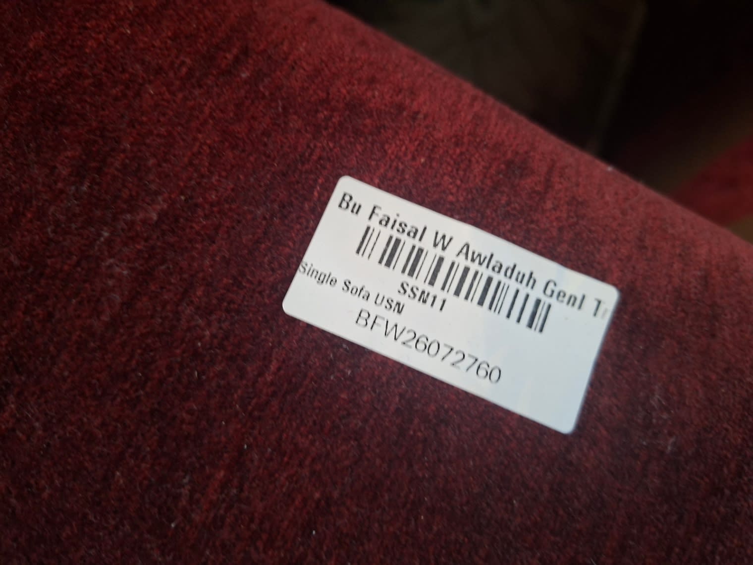 Bufaisal barcode label BFW26072760 for used 2-seater sofa Single Sofa USN