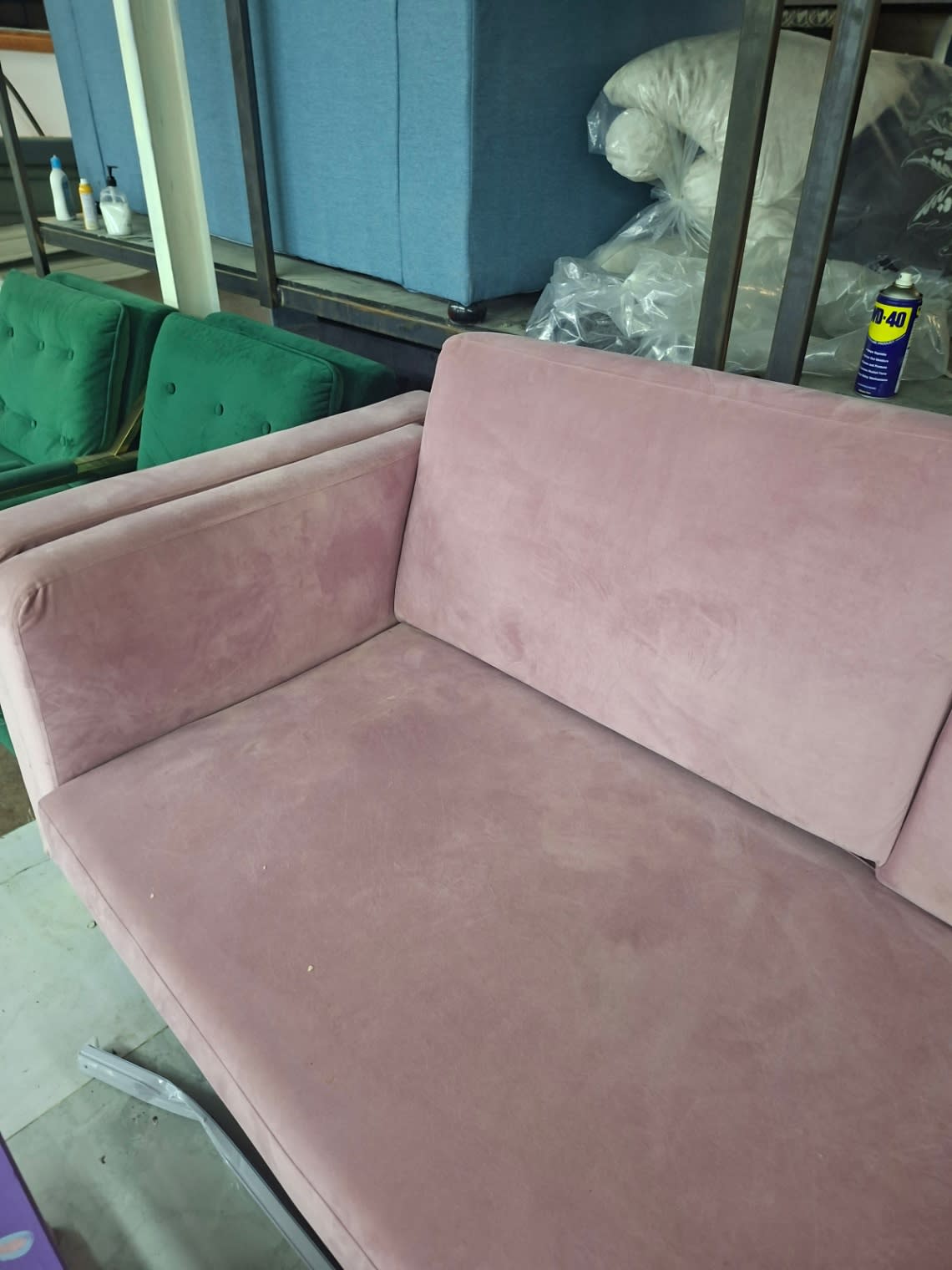 Bufaisal item label for used pink velvet 3-seater sofa at Shop D Ajman