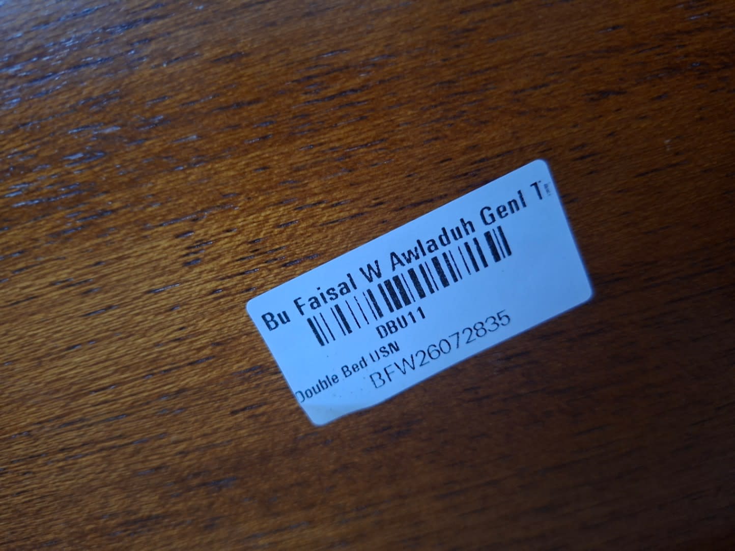 Bufaisal barcode label BFW26072835 for used double sleigh bed frame