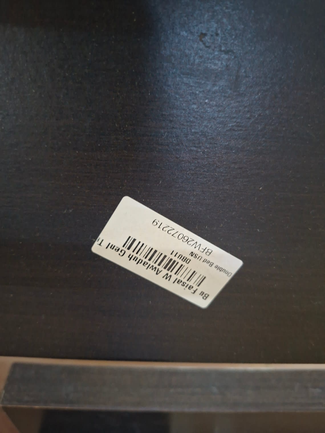 Bufaisal barcode label BFW26072219 for used double bed frame at Shop D Ajman
