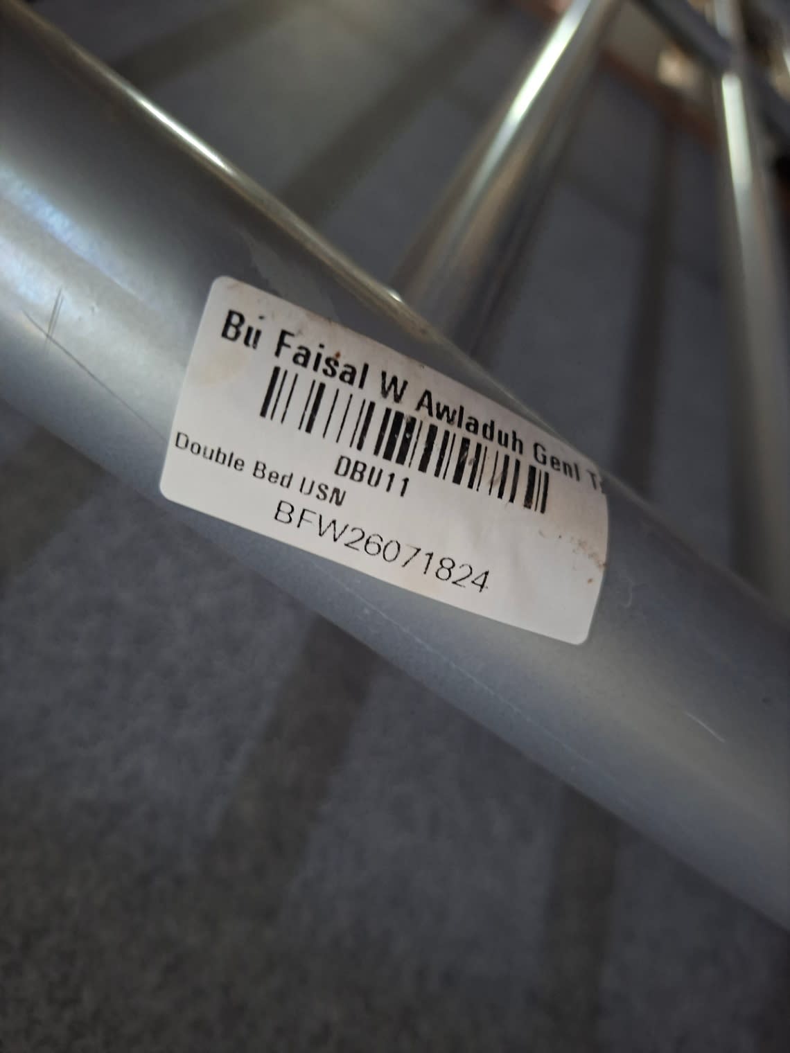 Bufaisal barcode label BFW26071824 for used single metal bed frame