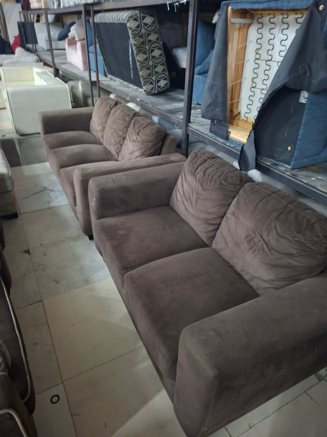 Full view of used brown suede 3+2+1 sofa set showing all three pieces at Bufaisal Ajman