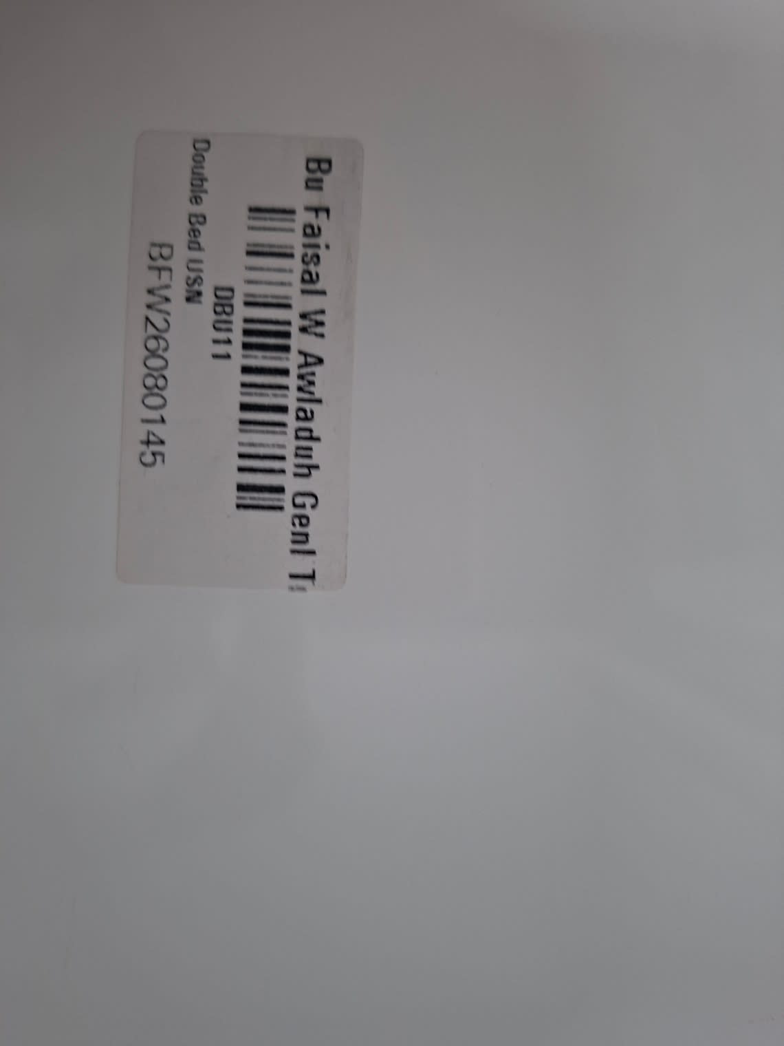 Bufaisal barcode label BFW26080145 for used white double bed frame