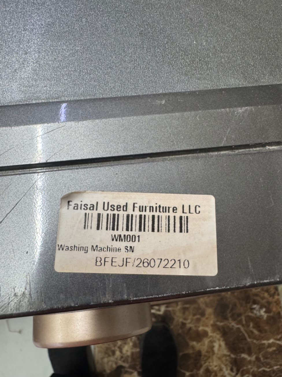 Bufaisal barcode label BFEJF26072210 for used LG front-load washing machine