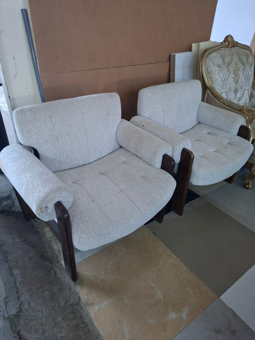 Second view of used beige accent armchair pair showing both chairs at Bufaisal Ajman
