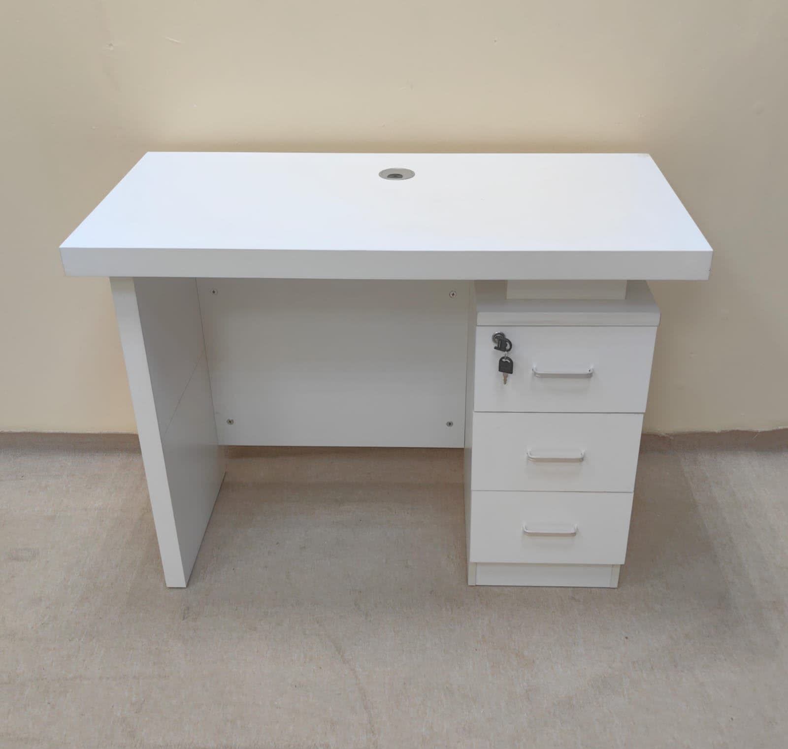 Second front view of new white office desk with 3-drawer pedestal and keys included at Bufaisal Ajman