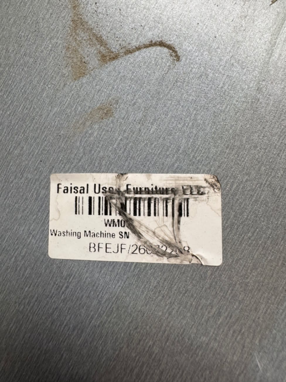 Bufaisal barcode label BFEJF2603228 for used LG front-load washing machine