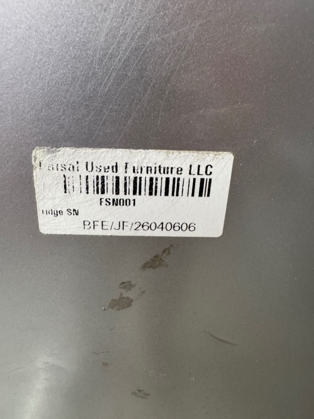 Bufaisal barcode label BFE/JF/26040606 for used AQUA top-freezer refrigerator