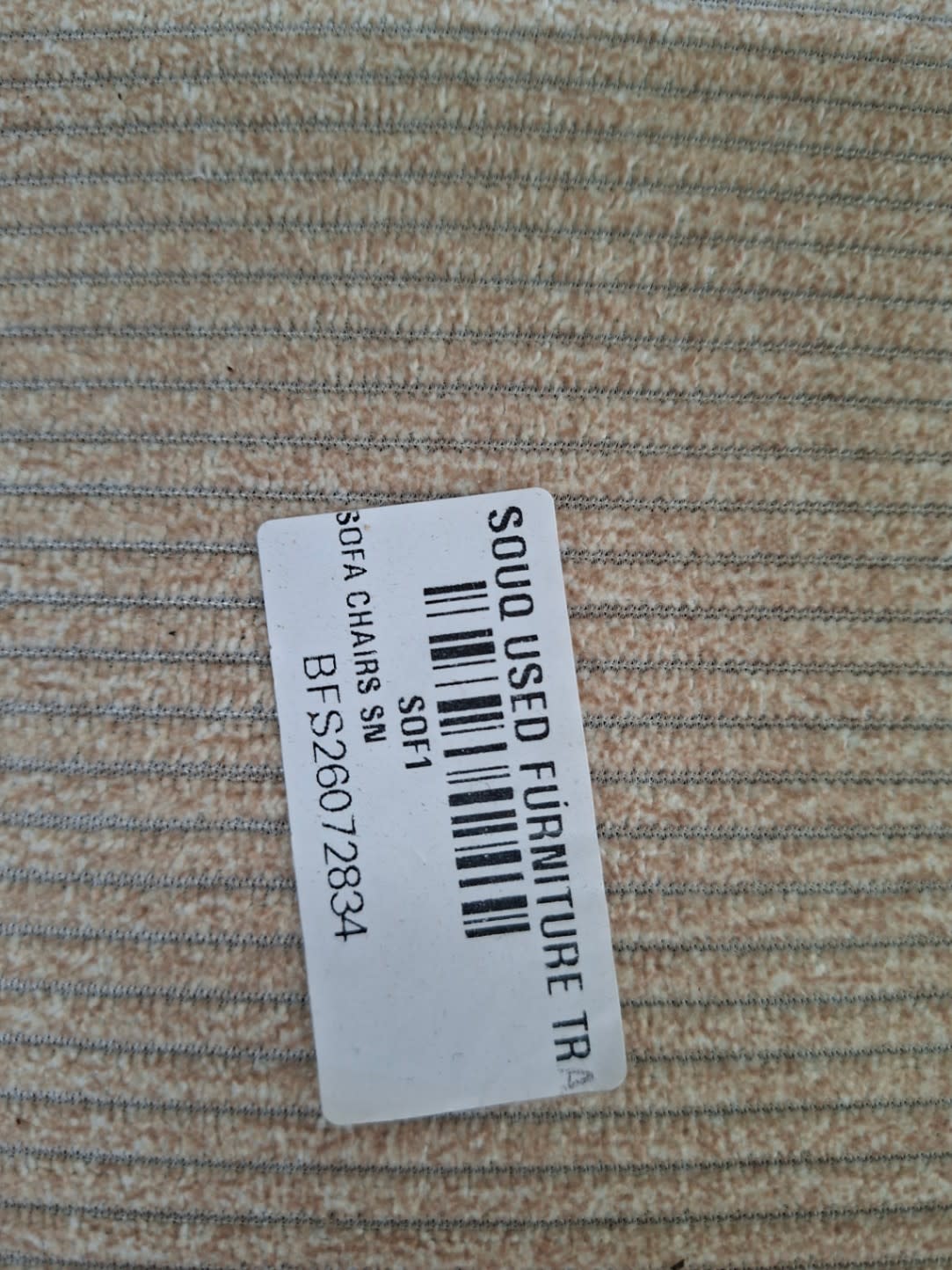 Bufaisal barcode label BFS26072834 for used beige L-shape sectional sofa