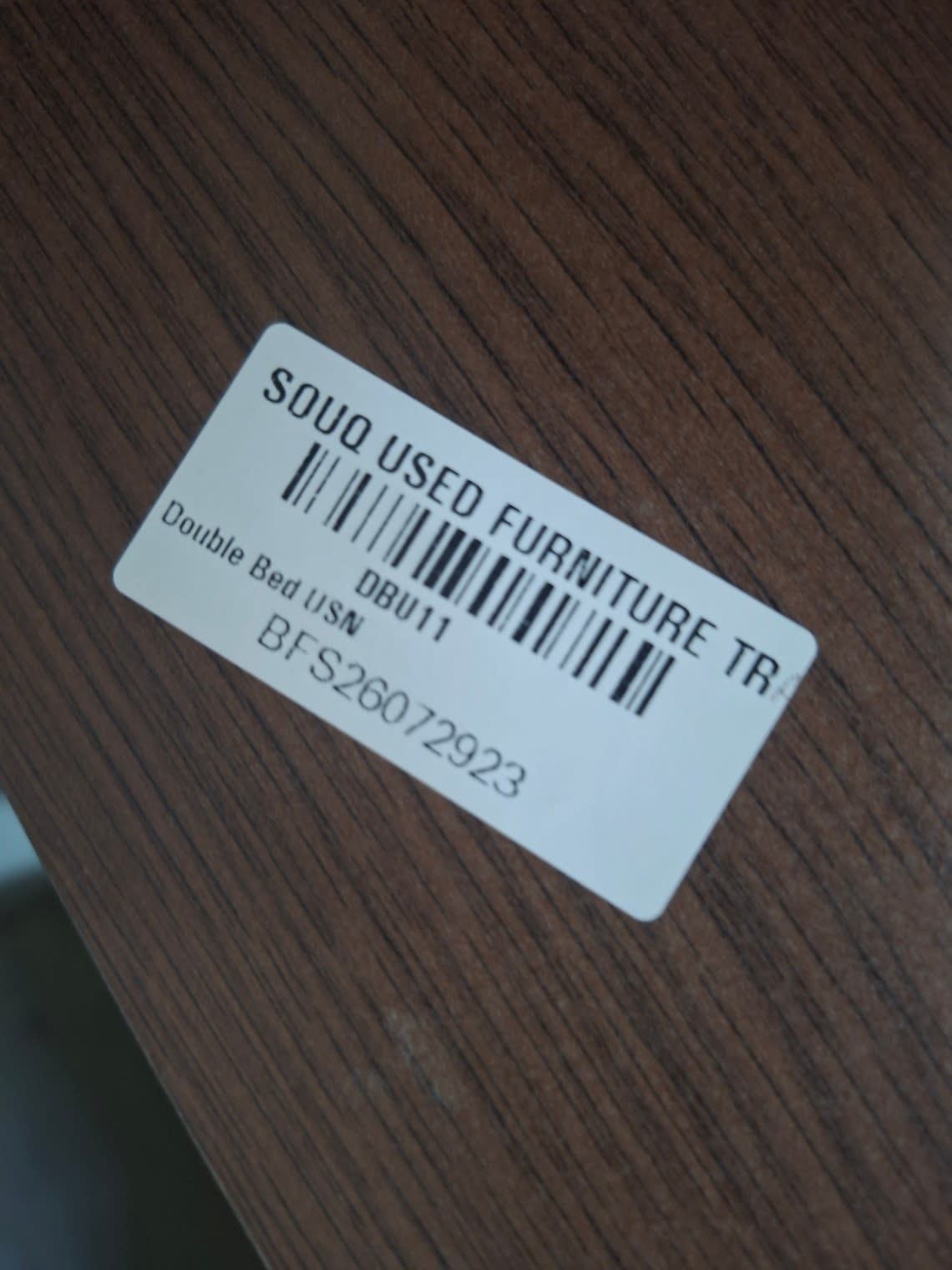 Bufaisal barcode label BFS26072923 for used double bed frame
