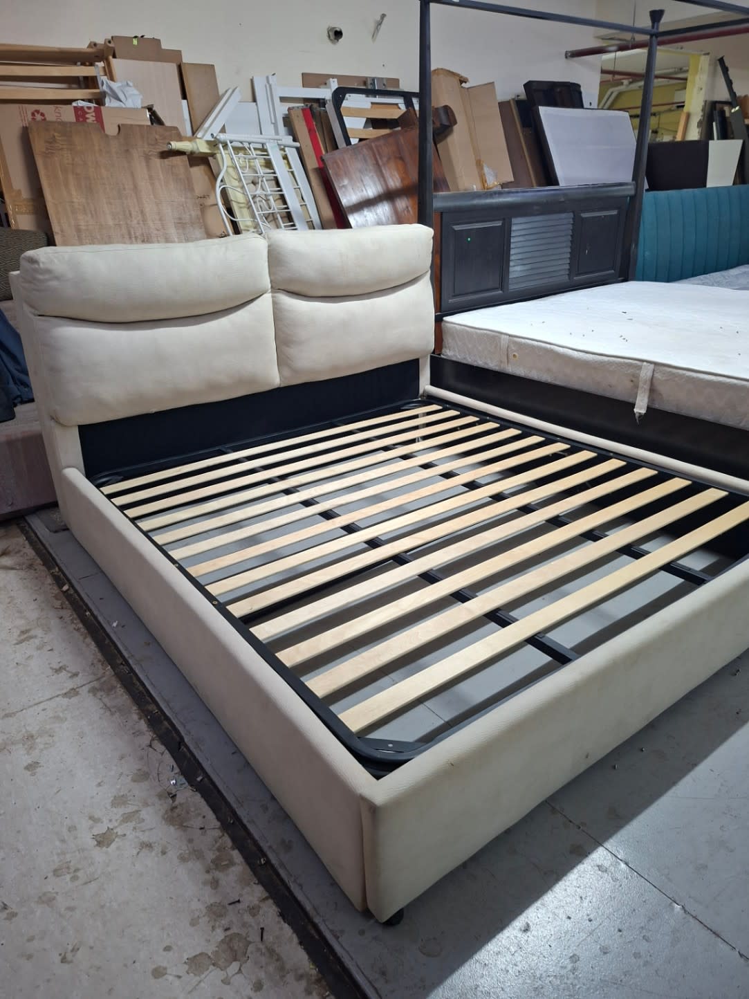 Upholstered King Bed Frame with Cushioned Headboard 2