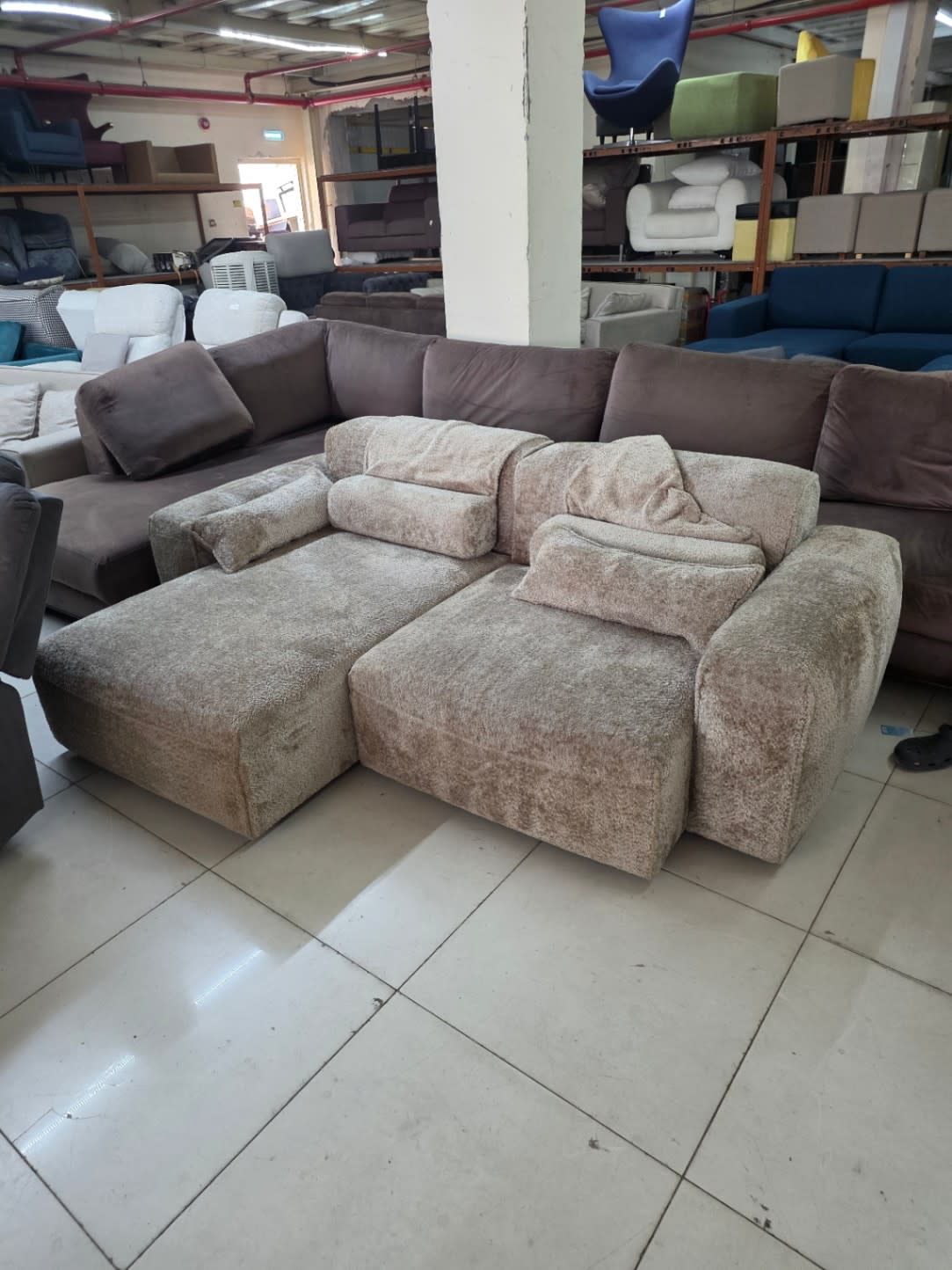 Front view of used L-shape sectional sofa beige chenille available at Bufaisal Shop C Ajman