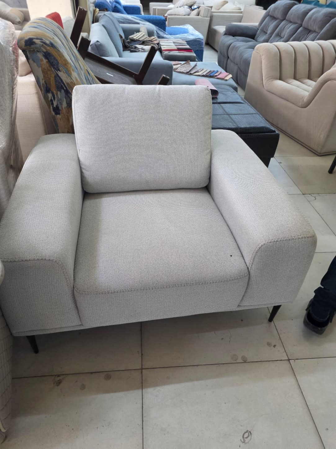 Full front view of new single accent chair light beige at Bufaisal Shop C Ajman