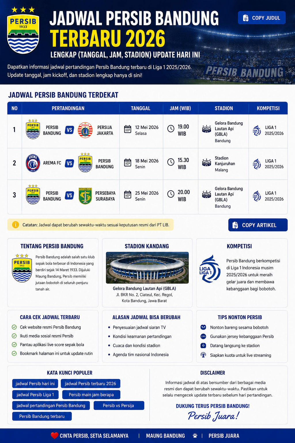 Jadwal Persib Bandung Terbaru 2026 Lengkap (Tanggal, Jam, Stadion) Update Hari Ini