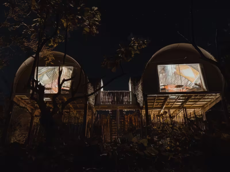 Night view of two Limban Wilderness Pods from the compound side, their full-height glass windows glowing amber from within, set on raised wooden platforms among trees.