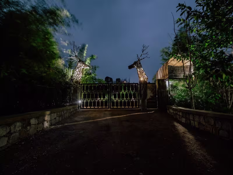 Night-time view of Limban Resort's illuminated main entry gate, flanked by trees and lit pathway, with a decorative deer silhouette visible above the gate.