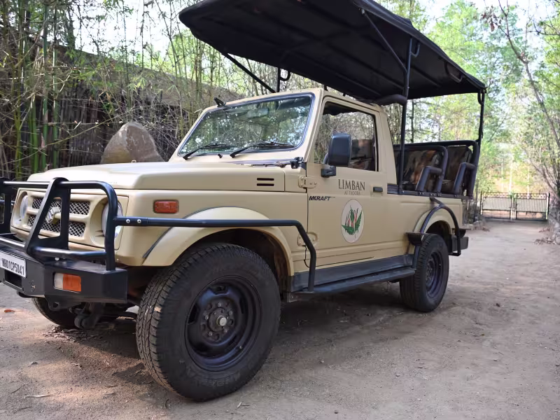 Side view of a Limban custom safari jeep — a modified open-top 4x4 in sandy beige with the Limban logo, parked on a dirt track within the resort compound, with forest visible behind.