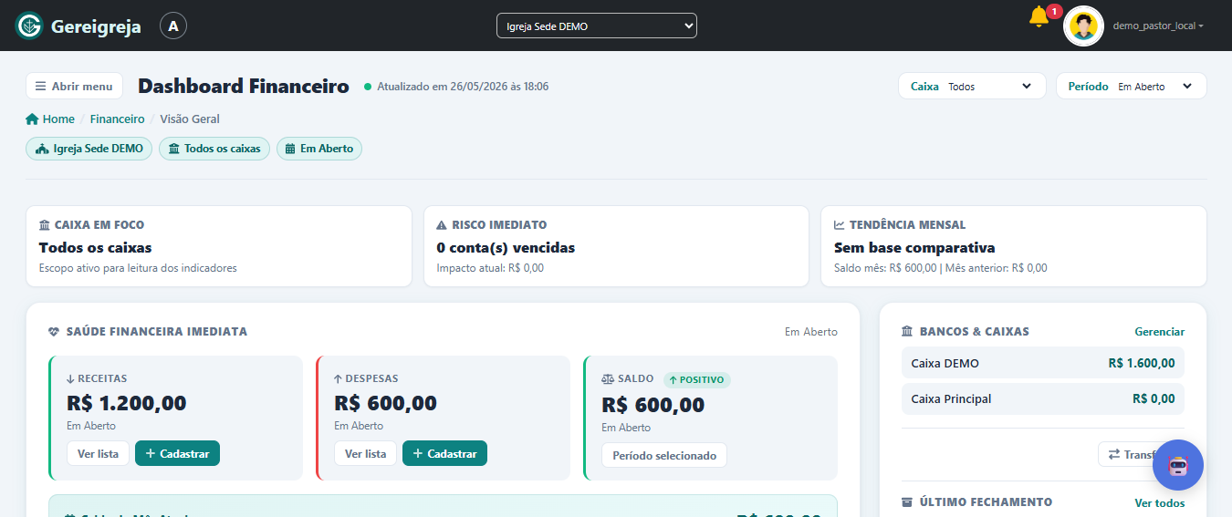 Gereigreja v1.13.0: Dashboard Financeiro mais claro, confiável e rápido para decidir