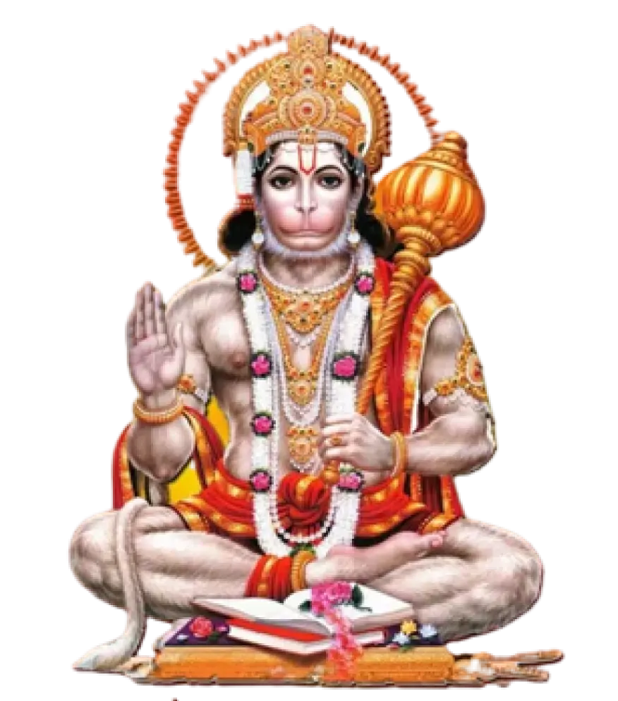 Banner image of Hanuman Ji, sitting with a Gada (mace)