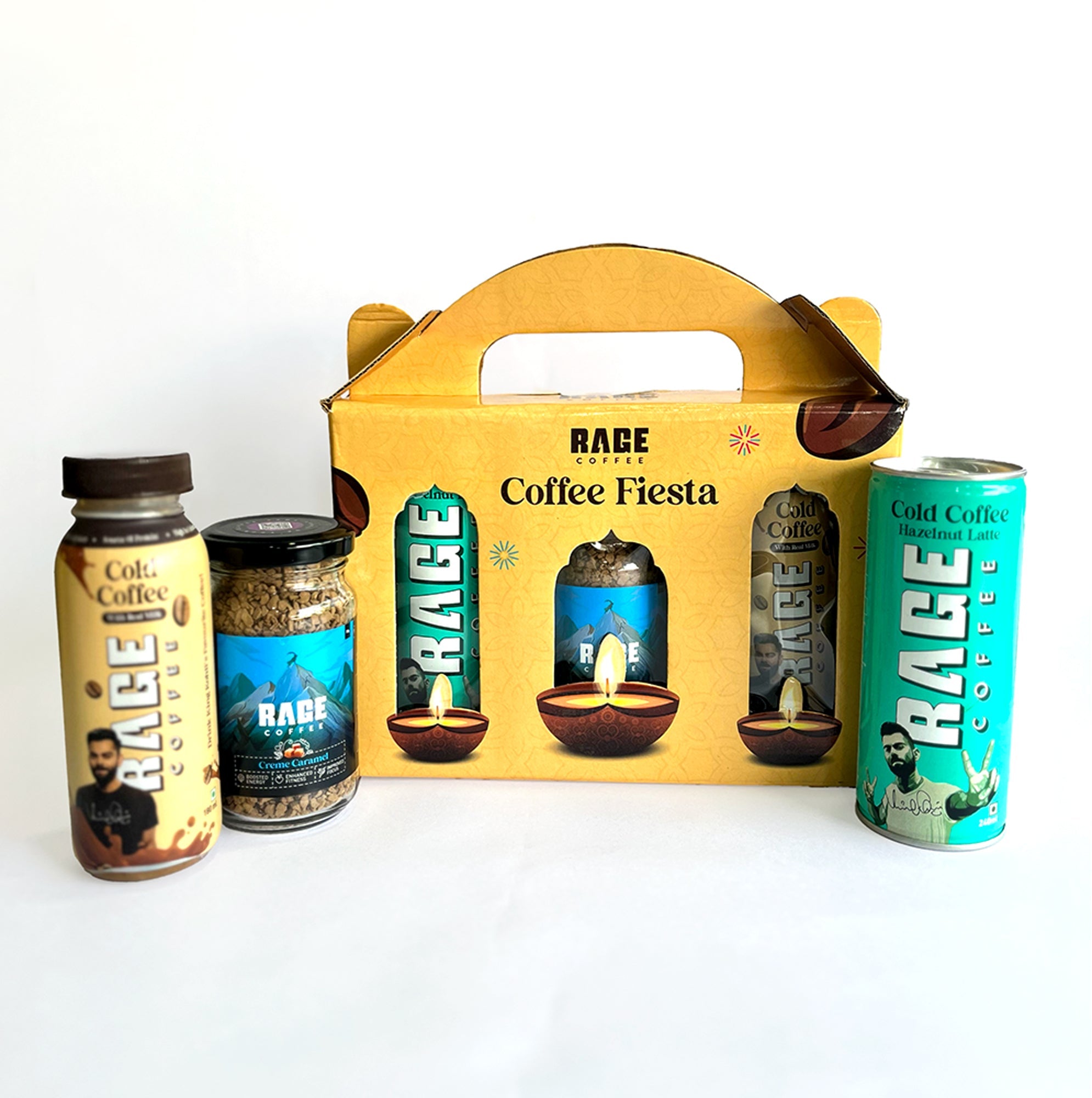 Rage Coffee - Coffee Fiesta Gift Box (Silk Blend Creamy Hazelnut 50 Gm, RTD Hazelnut Latte 240 ML & Cold Coffee with Real Milk 180 ML) product image