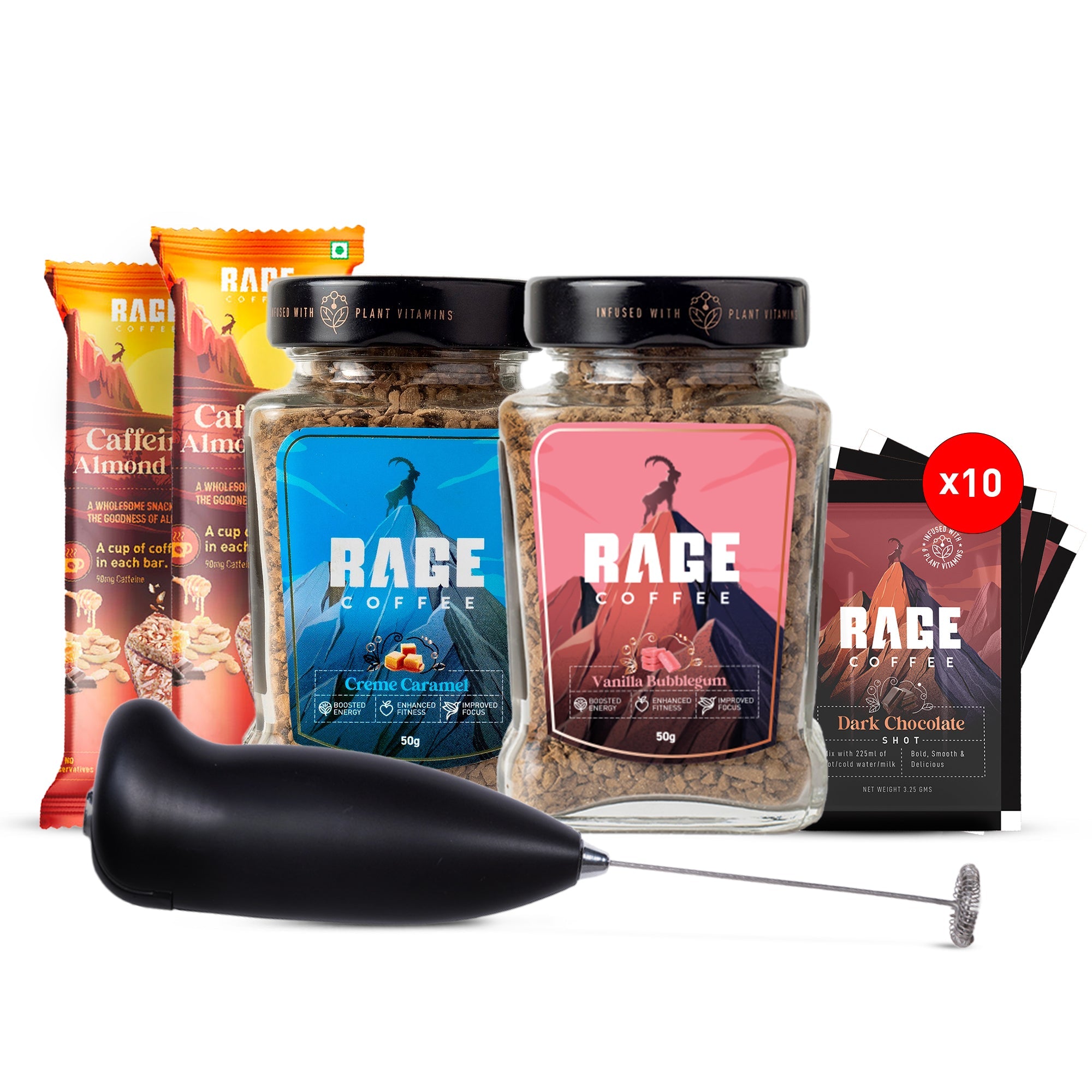 Rage Coffee - Creme caramel 50 gms  + Vanilla Bubblegum 50 gms + Caffeine Almond Bar Pack of 2 + Frother  + Dark Chocolate sachets 10 pcs product image