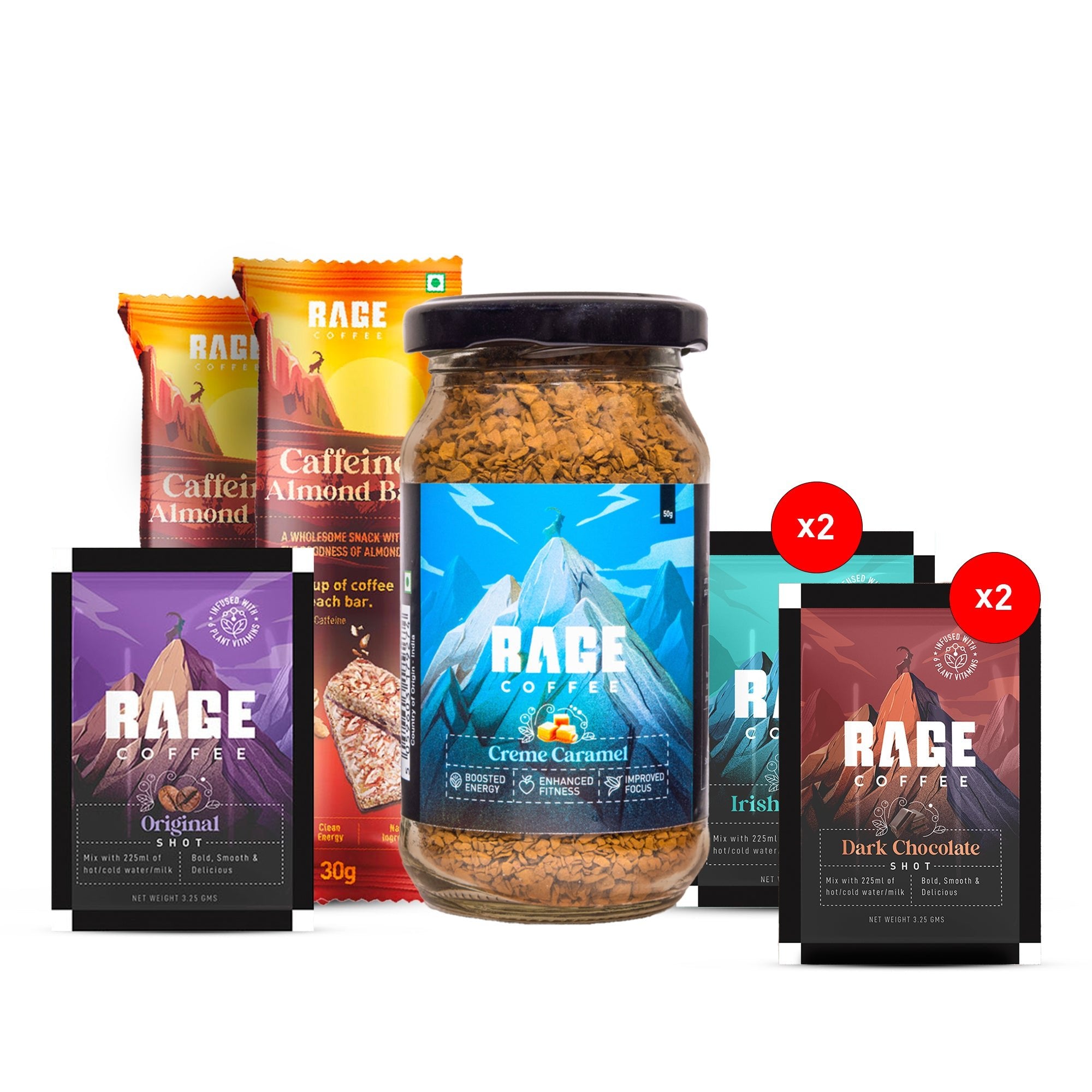 Rage Coffee - Coffee Kickstart Bundle (Creme Caramel 50 gm Jar, Caffeine Almond Bar Pack of 2 & Sachet Shots 5 pcs) product image