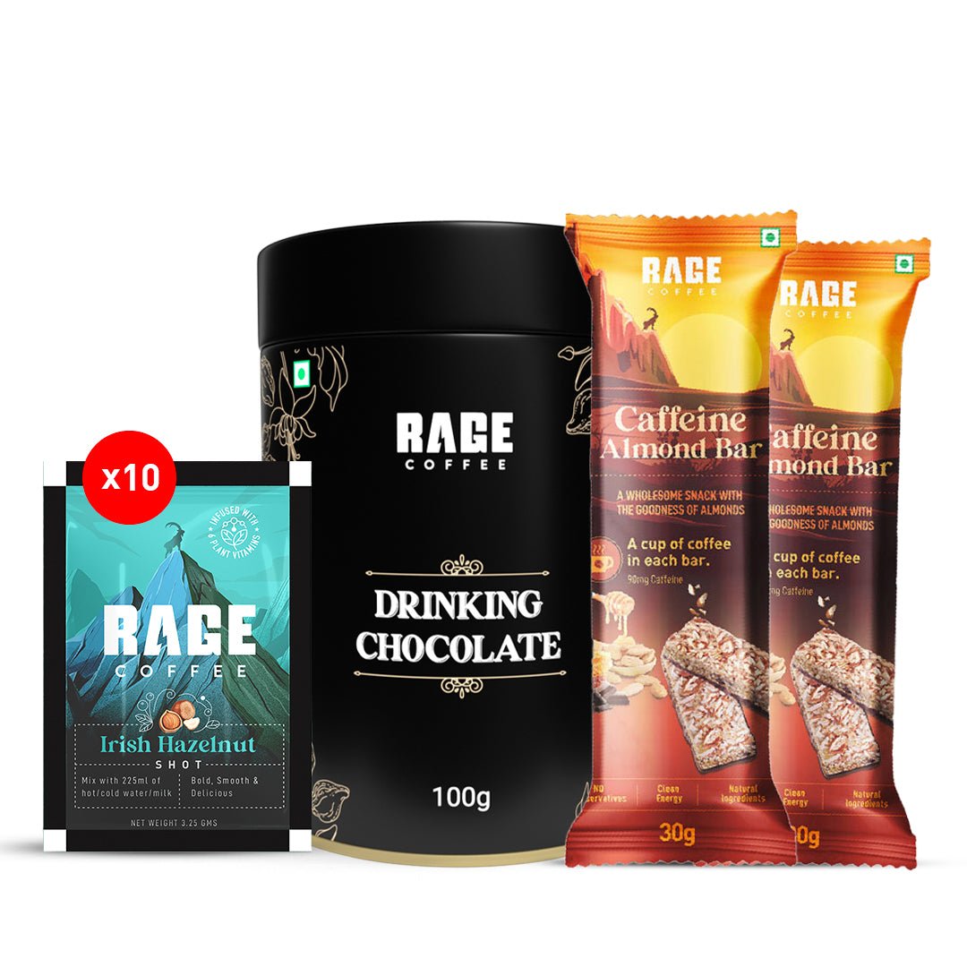 Rage Coffee - Instant Mocha Bliss Combo (Caffeine Almond Bar pack of 2 + Drinking Chocolate + Irish Hazelnut 10 sachets) product image