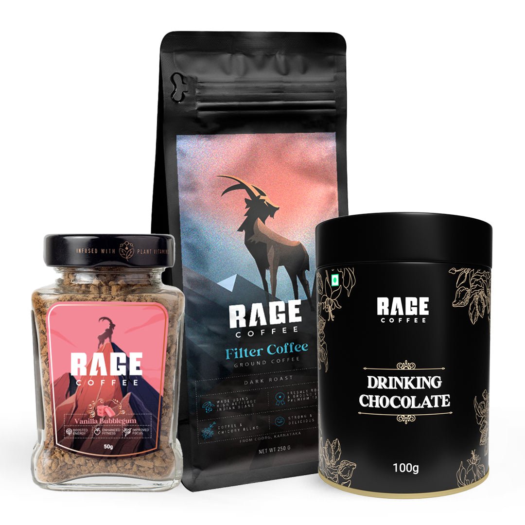 Rage Coffee - Instant Boost Brew Combo (Vanilla Bubblegum 50 gm jar + Drinking Chocolate + South Indian Filter Ground Coffee) product image