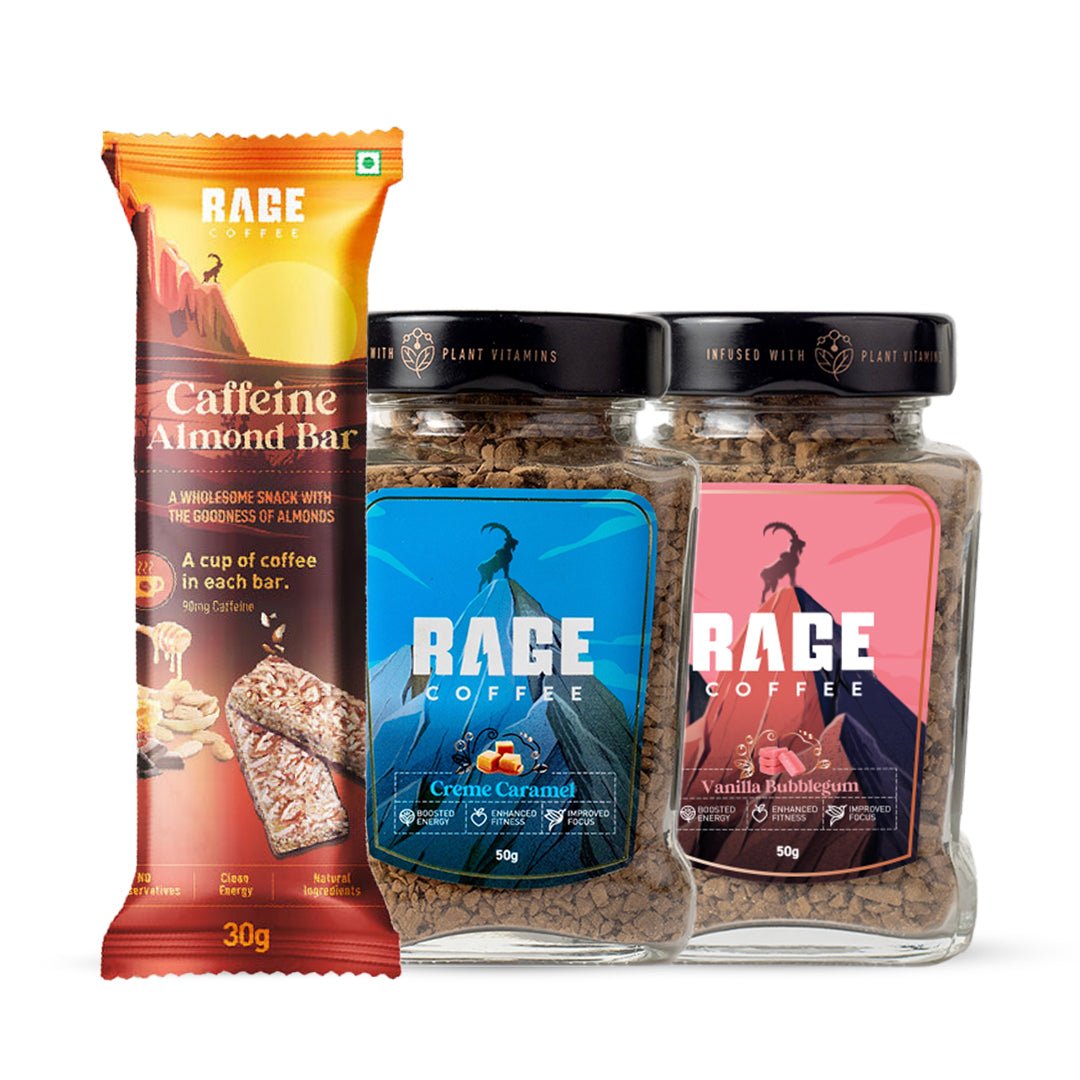 Rage Coffee - Morning Pick-Me-Up Combo (Vanilla Bubblegum 50 gm jar + Creme Caramel 50 gm jar + Caffeine Almond Bar 1) product image