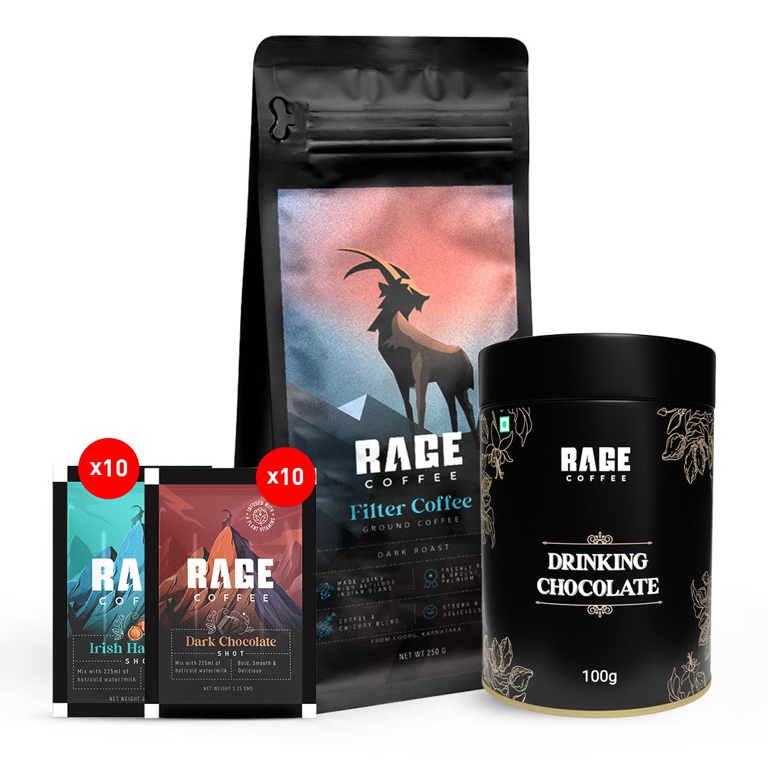 Rage Coffee - Rapid Brew Mix Combo (Drinking Chocolate + South Indian Filter Ground Coffee + Irish Hazelnut 10 sachets + Dark Chocolate 10 sachets) product image