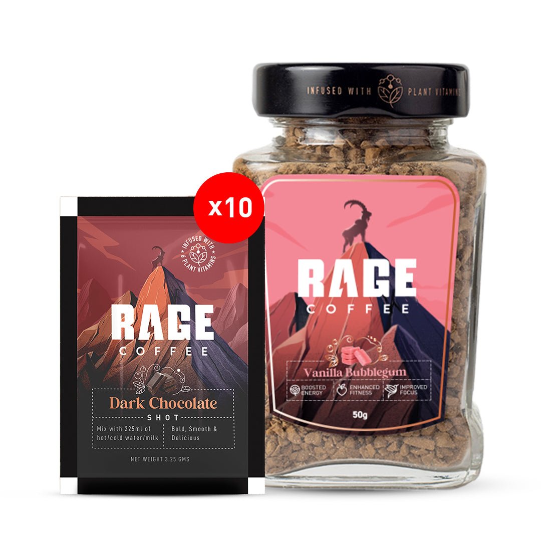 Rage Coffee - Swift Start Combo (Dark Chocolate 10 sachets + Vanilla Bubblegum 50 gm jar) product image